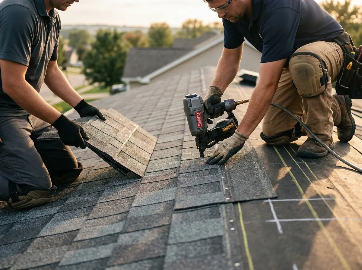 Professional roofer working on a residential roof in Boulder Hill